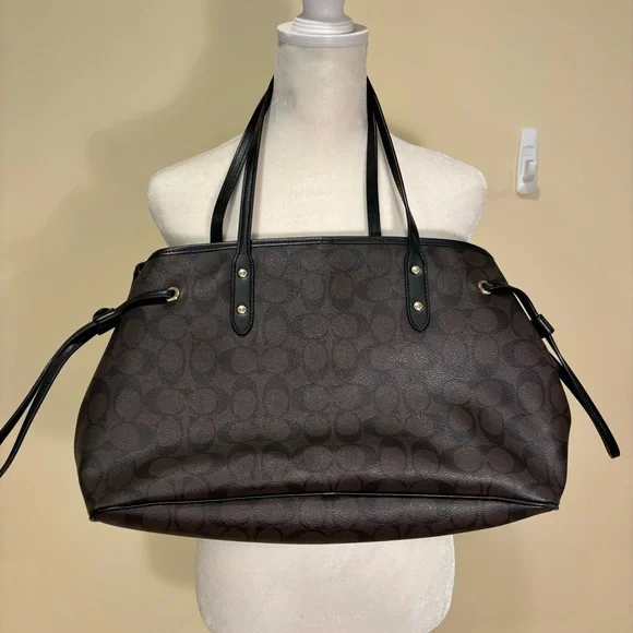COACH Signature Drawstring Carryall Tote Bag Black/Brown - Picture 3 of 8